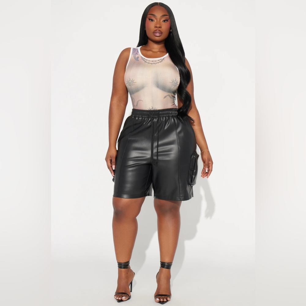 Fashion Nova Black Faux Leather Cargo Bermuda Shorts